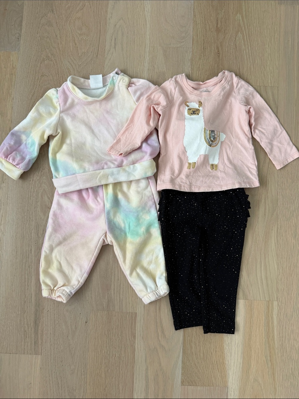 GAP Tie-Dye Set & Pink Llama Top with Black Sparkle Leggings